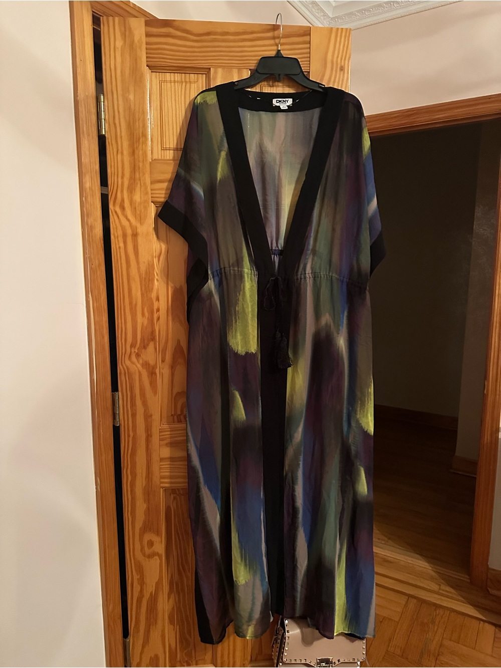 DKNY Black Maxi Dress with Green, Blue & Purple Watercolor Print